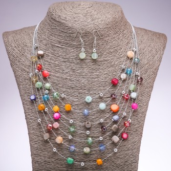 Set of Earrings and Necklace 'On the Strings of the Soul' with multicolor mother-of-pearl beads, diameters 7 mm and 5 mm, length 45–50 cm