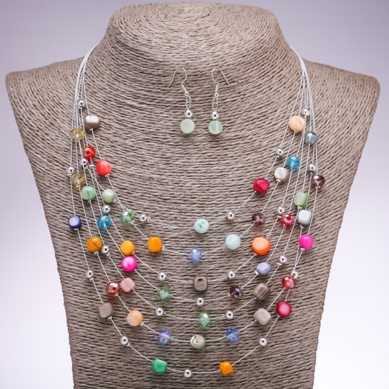 Set of Earrings and Necklace 'On the Strings of the Soul' with multicolor mother-of-pearl beads, diameters 7 mm and 5 mm, length 45–50 cm