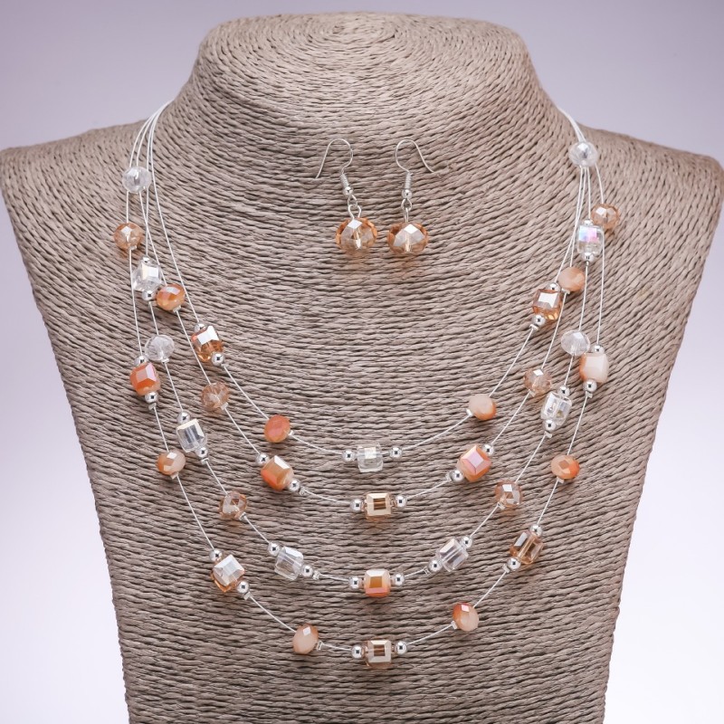 Earrings and Necklace Set 'On the Strings of the Soul' cube beads 'Champagne', diameter 5-8mm, length 45-50cm