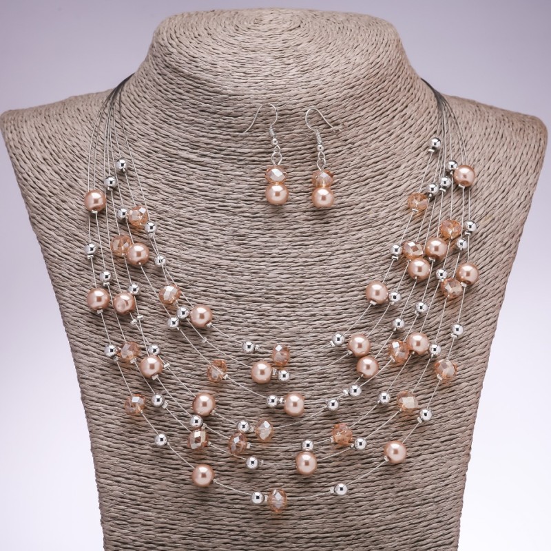 Earrings and Necklace Set 'Strings of the Soul' Champagne Beads, diameter 5-8 mm, length 45-50 cm