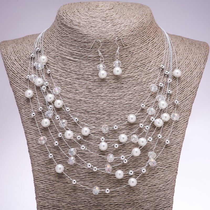 Earrings and Necklace Set 'On the Strings of the Soul' White Beads, 5-8 mm Diameter, 45-50 cm Long