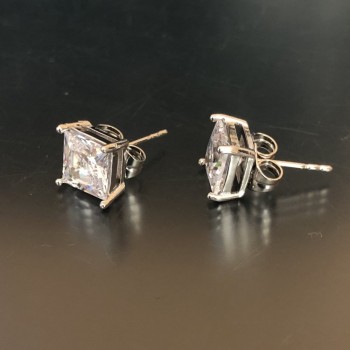 Xuping Rhodium-Plated Stud Earrings with White Stones, Square 8mm Setting +