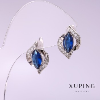 Xuping Earrings with Blue Stone 11x16mm Rhodium