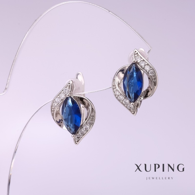 Xuping Earrings with Blue Stone 11x16mm Rhodium