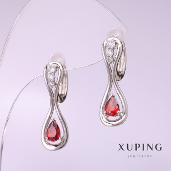 Sale! Xuping Earrings with Red Gemstone 25x8mm Rhodium-plated