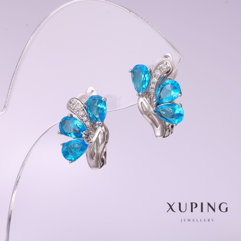 Xuping Earrings with Blue Stone 10x15mm Rhodium