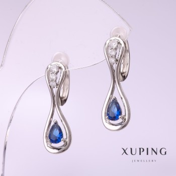 Discount! Xuping Earrings with Blue Stone 25x8mm Rhodium-Plated