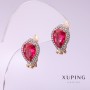 Xuping Earrings with Raspberry-Colored Stone, 10x14 mm, 18K Gold Plating