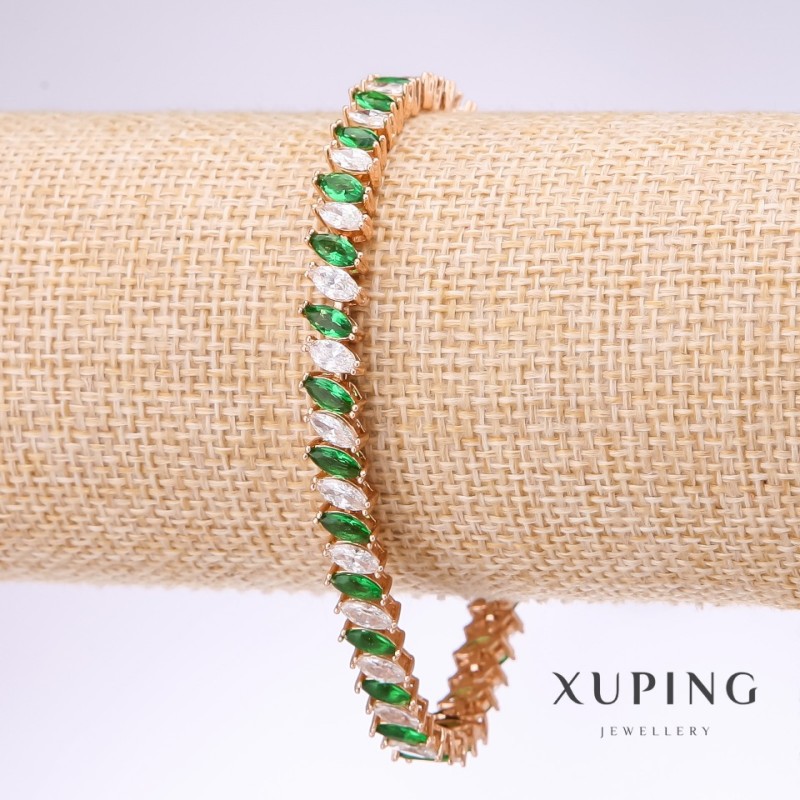 Xuping Bracelet with Green and White Stones, 6.72 mm Thick, Length 18–20 cm, 18k Gold Plating