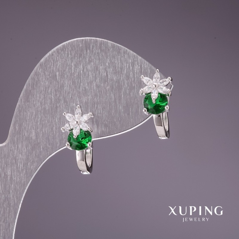 Xuping Earrings with Green Stones 17x7mm Rhodium-Plated