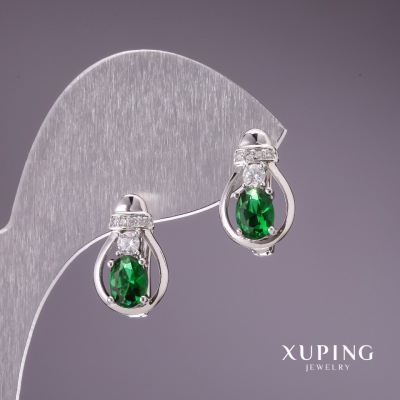 Xuping Earrings with Green Stones 15x9mm Rhodium