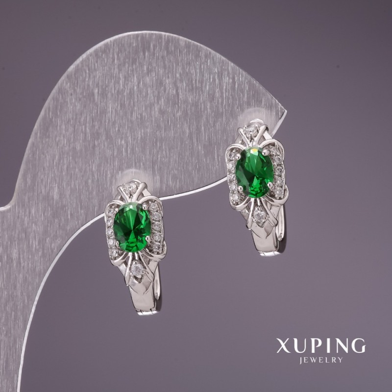 Xuping Earrings with Green Stones 28x8mm Rhodium-Plated