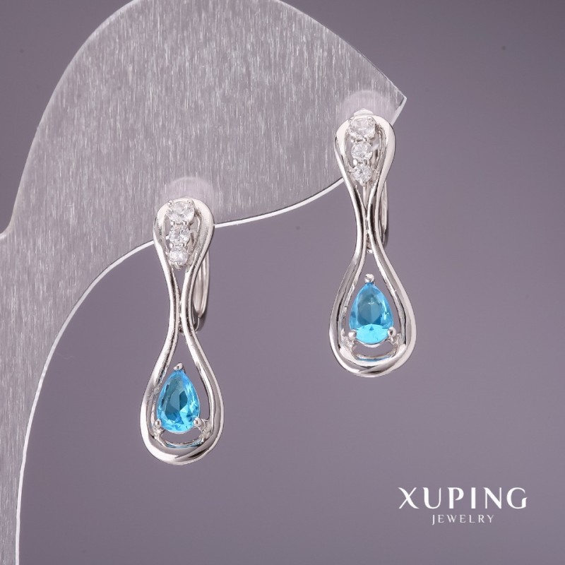 Discount! Xuping Earrings with Blue Stones 25x9mm Rhodium