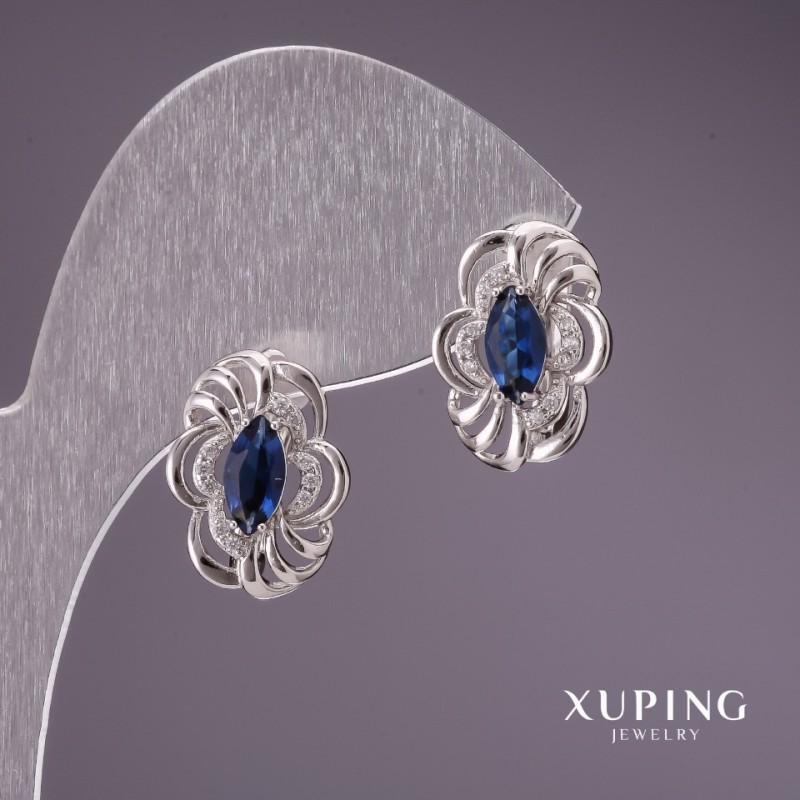 Discount! Xuping Earrings with Blue Stones 17×12 mm Rhodium