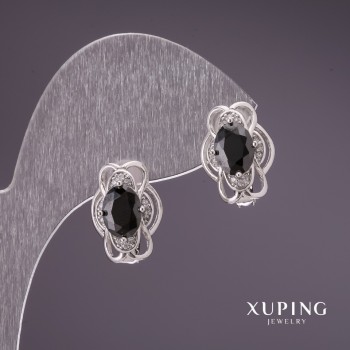Xuping Earrings with Black Stones, Rhodium