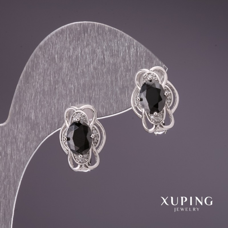 Xuping Earrings with Black Stones, Rhodium