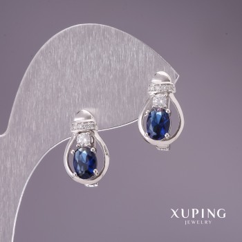 Discount! Xuping Earrings with Blue Stones, 16×10 mm Rhodium-Plated