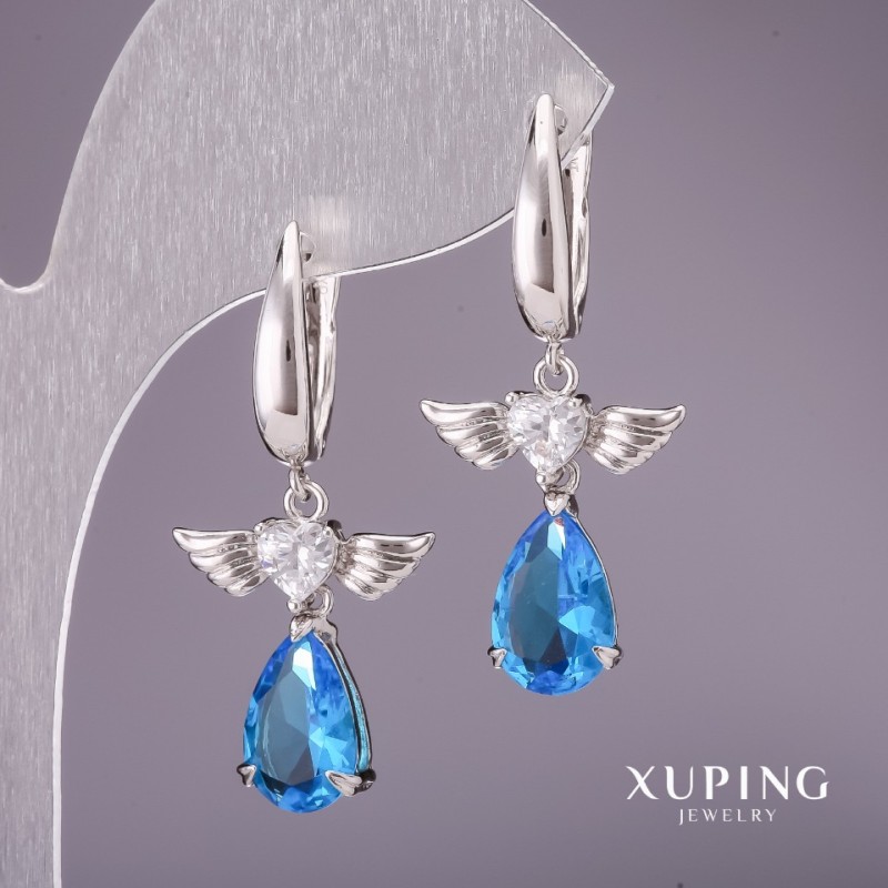 Sale! Xuping Earrings with Blue Stones, 37x17mm Rhodium-Plated