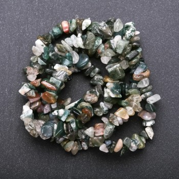 Chip-shaped Moss Agate natural stone beads on a thread, 8-9 mm diameter (+/-), length 85 cm