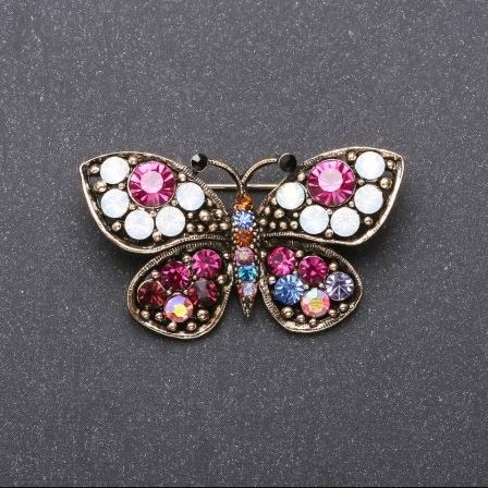 Butterfly Brooch with Multicolored Rhinestones, 43×25 mm, Yellow Metal