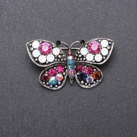 Discount! Butterfly brooch with multicolored crystals 43x25mm gray metal