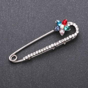 Discount! Brooch-pin with multicolored glass crystals 64x19mm white metal