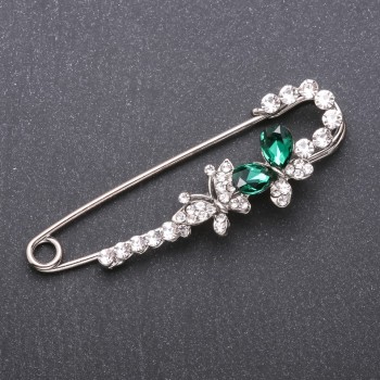 Discount! Brooch pin with green glass crystals 76x23mm white metal