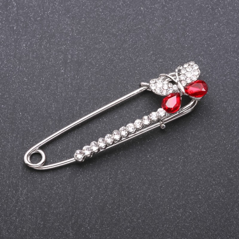 Sale! Brooch pin with red glass crystals 66x15 mm white metal