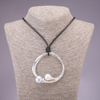 Hi-tech pendant on a long cord, 68 mm diameter, 80 cm length, silver-colored metal