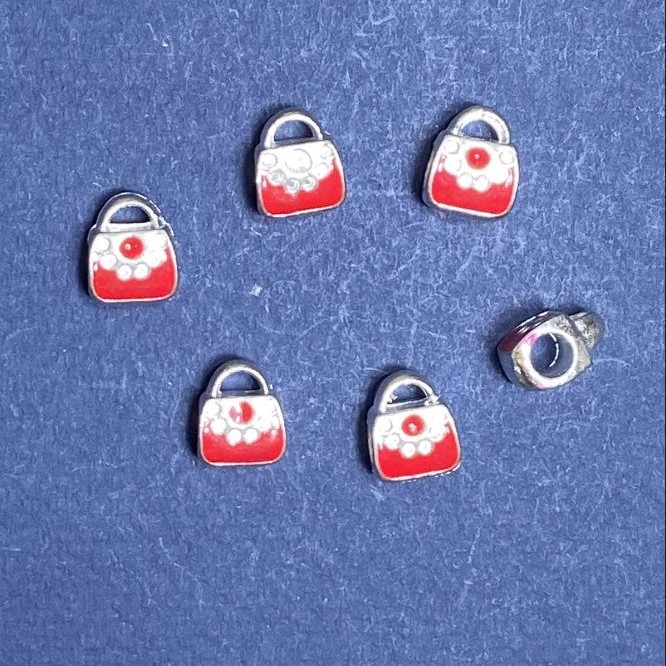 Discount! Pandora charm bead, light gray metal, red purse, 10mm, 6 pcs