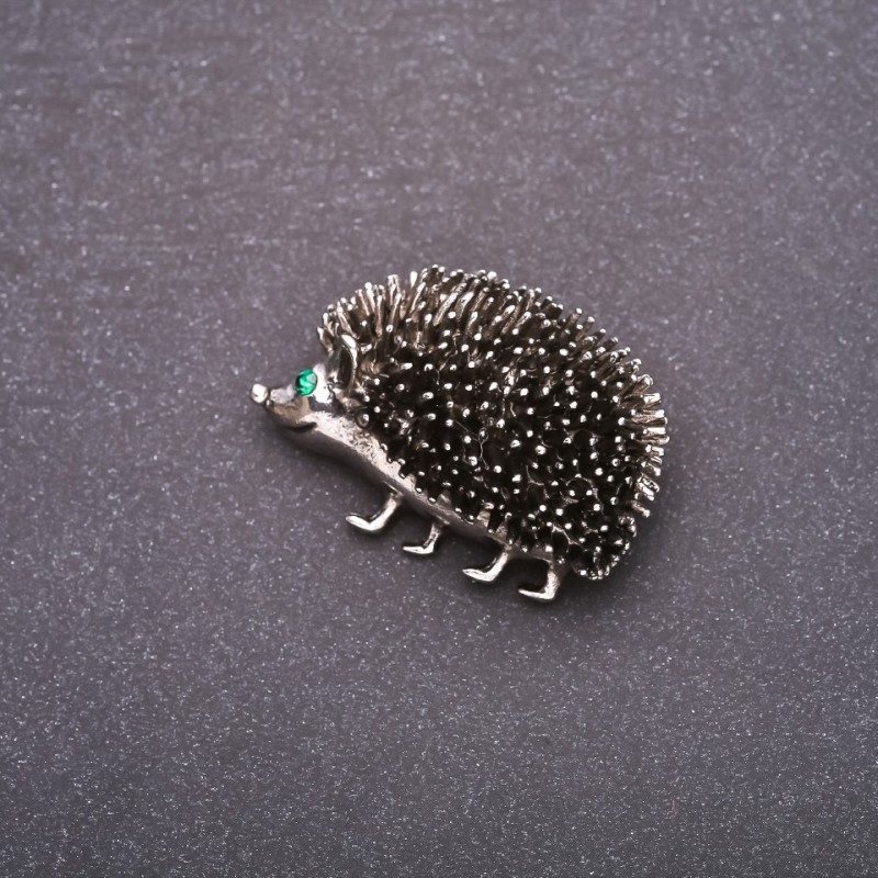 Brooch 'Hedgehog with Green Rhinestones' 39×27mm Gray Metal