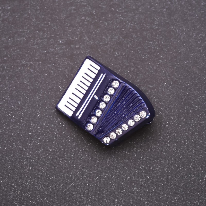 Harmonica Brooch blue enamel with white crystals, 29x20 mm white metal