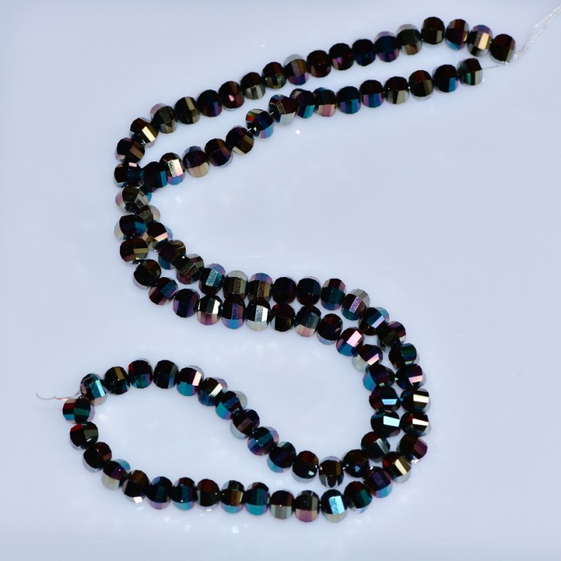 Crystal beads in Swarovski style, black, faceted bead with blue and brown gasoline finish, 5x4 mm diameter, thread length 48 cm