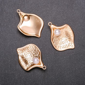 Leaf with Bead Pendant Findings, Diameter 25mm, Length 34mm, Yellow Metal, Price for 6 Pieces