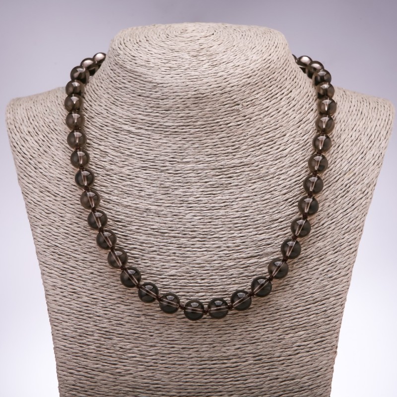 Necklace of natural smoky quartz — smooth bead, 10 mm diameter, 48 cm length