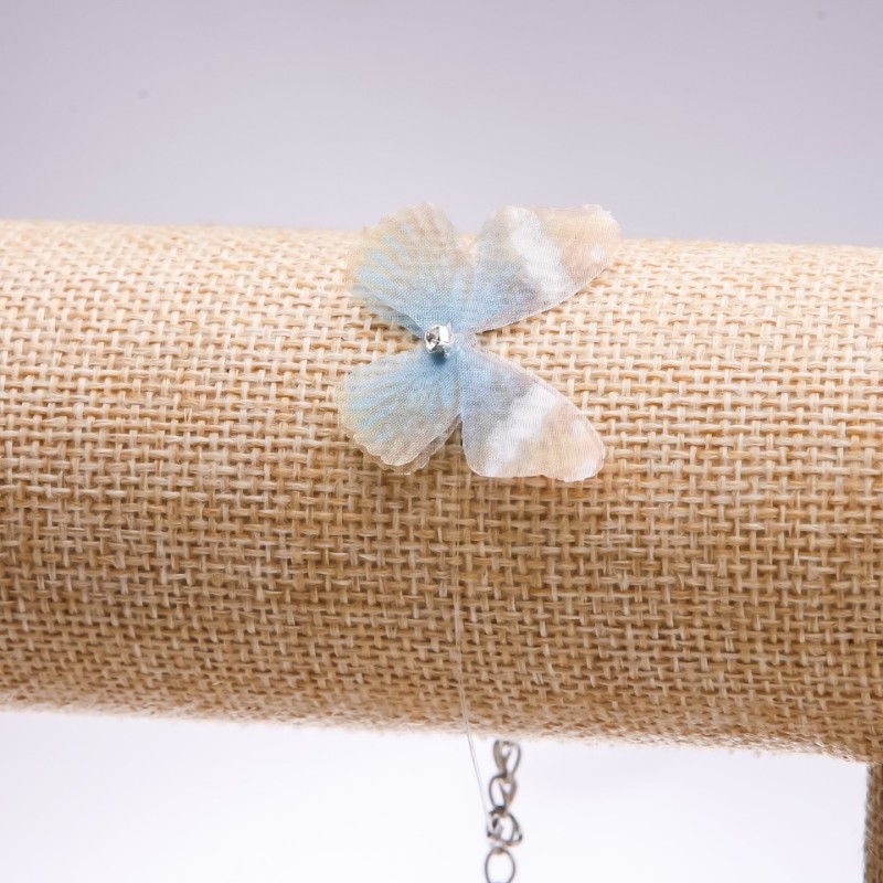 Discount! Butterfly Bracelet-Choker on Invisible Silicone Thread (Organza) Beige-Blue, Diameter 33x27mm, Length 16-20cm