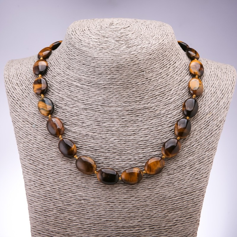 Tiger's Eye natural stone necklace, flat oval, 13x18 mm, length 45 cm