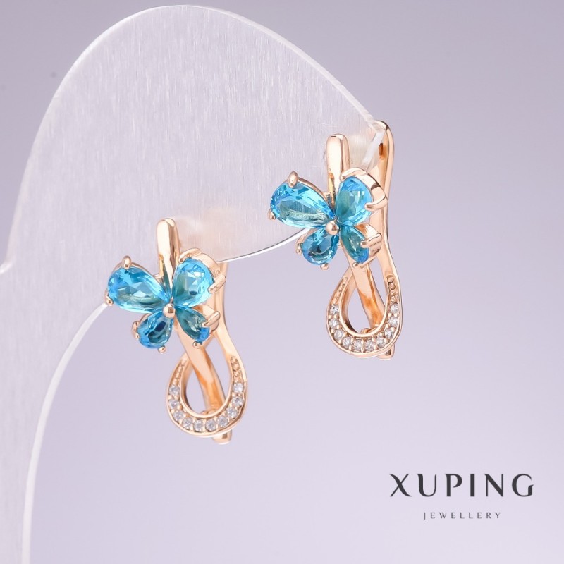 Xuping 18k Gold-Plated Earrings with Blue Stones and White Crystals 20x11mm