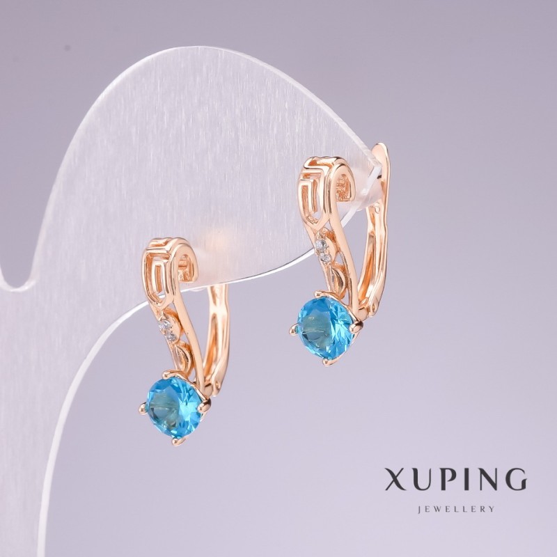 Xuping Earrings with 18k Gold Plating, Blue Stone, and White Crystals, 20x8 mm