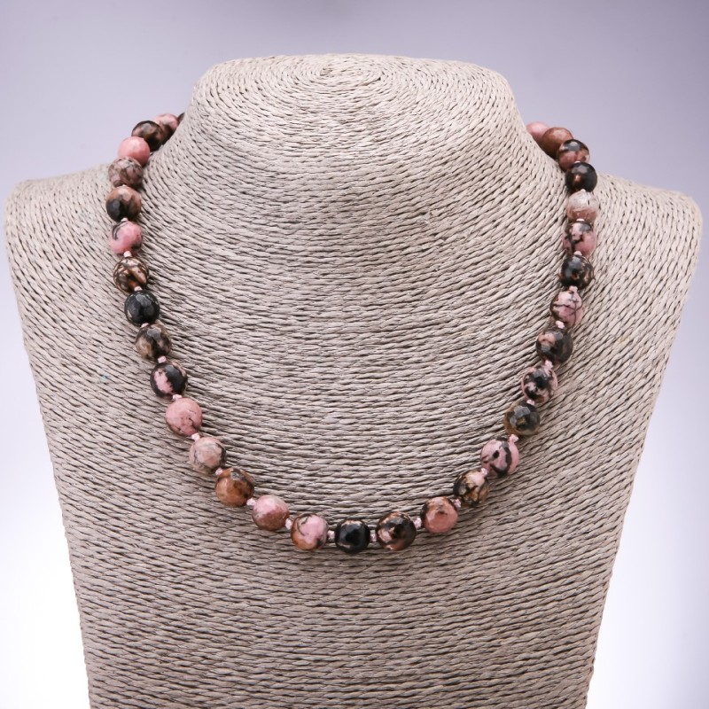 Rhodonite natural stone necklace with a faceted bead, 10 mm diameter, 45 cm length