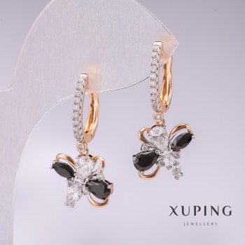 Xuping Earrings with 18K Gold Plating and Rhodium, featuring Black Stones and White Rhinestones, 30x12mm