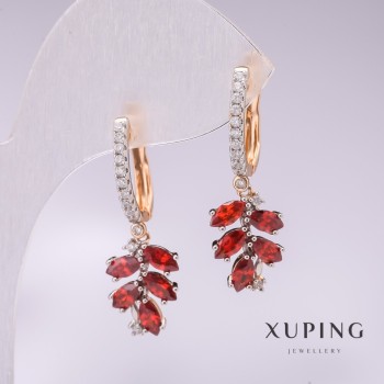 Xuping Branches Earrings, 18K Gold Plating, Rhodium, with Red Stone and White Crystals, 32×11 mm