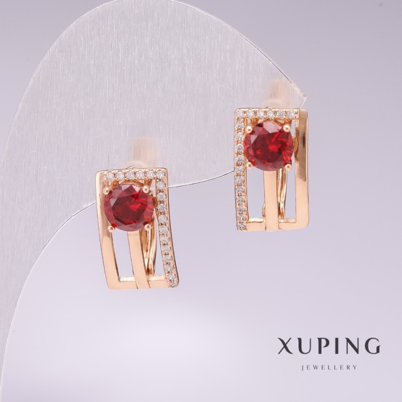 Discount! Xuping 18K Gold Plated Earrings with Red Stone and White Crystals 16x9mm