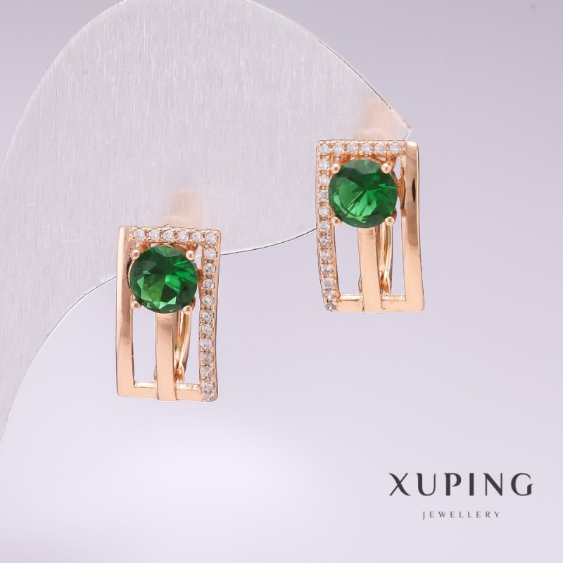 Xuping Earrings with 18k Gold Plating, Green Stones and White Rhinestones, 16x9mm