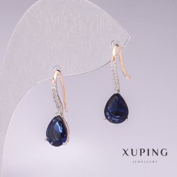 Xuping Earrings with 18k Gold Plating, Rhodium, with Blue Stones and White Crystals, 21x7mm