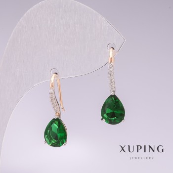 Xuping Earrings, 18K Gold Plating, Rhodium with Green Stones and White Crystals, 21x7 mm