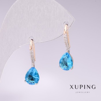 Discount! Xuping earrings with 18K gold plating and rhodium, featuring blue stones and white crystals, 21x7mm