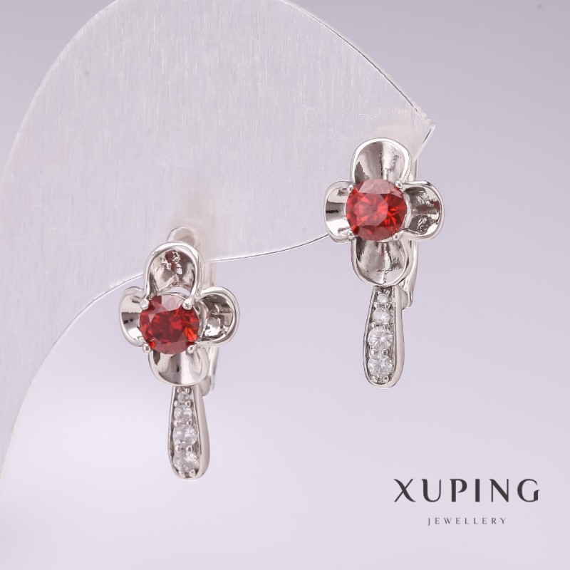 Xuping Rhodium-Plated Earrings with Red Stones and White Rhinestones 20x10mm