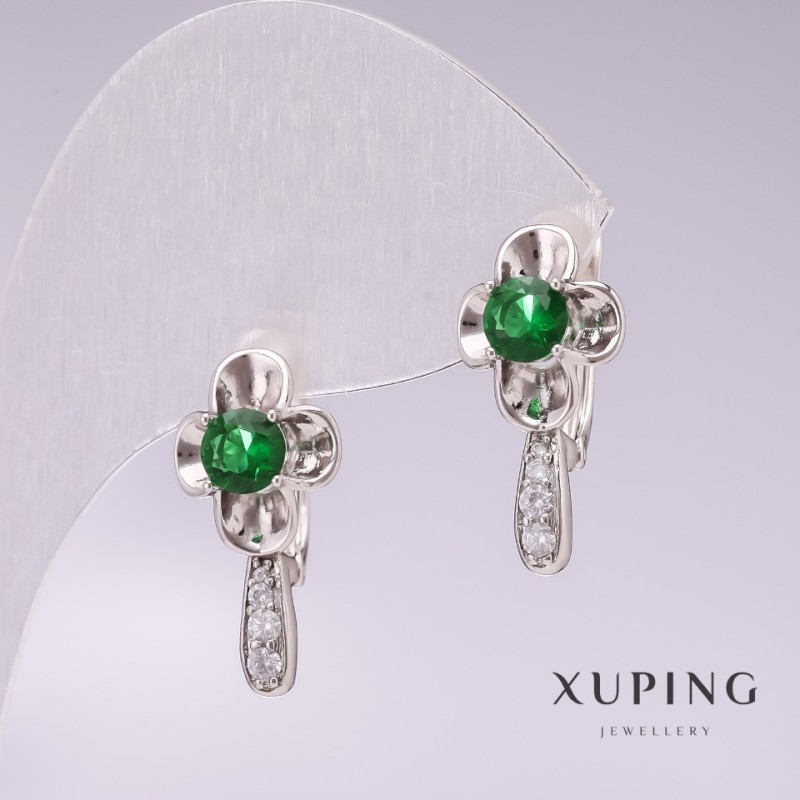 Discount! Xuping rhodium-plated earrings with green stones and white crystals 20x10mm