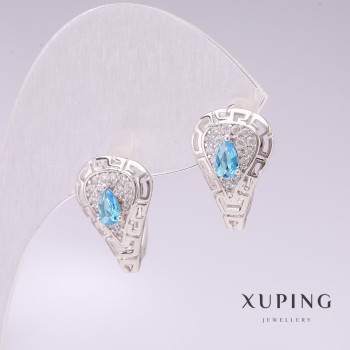 Xuping Rhodium-Plated Earrings with Blue Stones and White Rhinestones, 11x17 mm